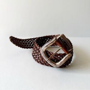 Fossil Brown Braided Leather Silver Western Buckle Belt